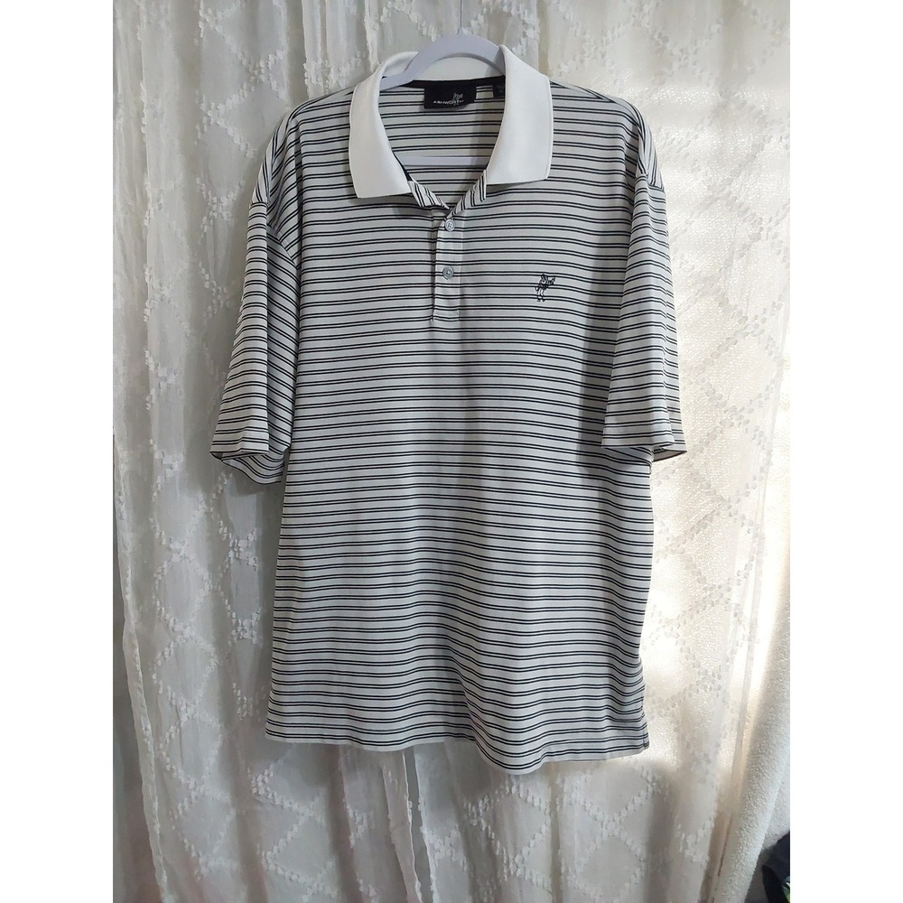 Ashworth Mens Golf‎ Polo Shirt XL White Navy Blue Striped Short Sleeve Logo